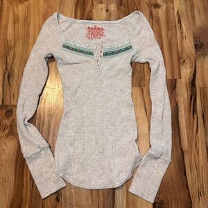 Free People Jacquard Vintage Knit Thermal Henley Top Rare Y2K Boho Size XS